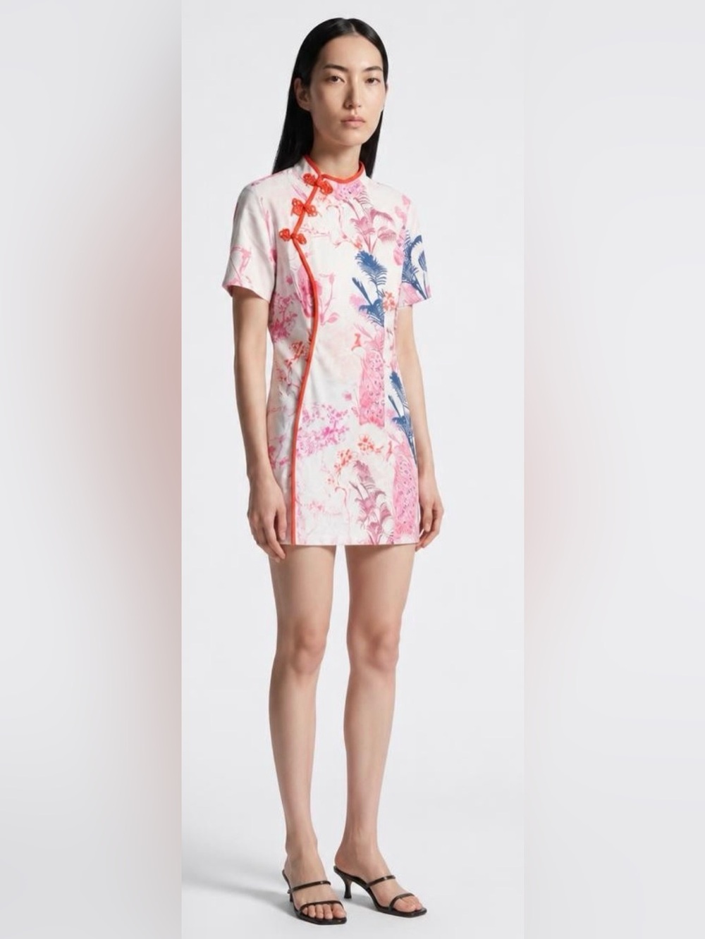 Floral Short Sleeve Mandarin Collar Mini Dress in Pink